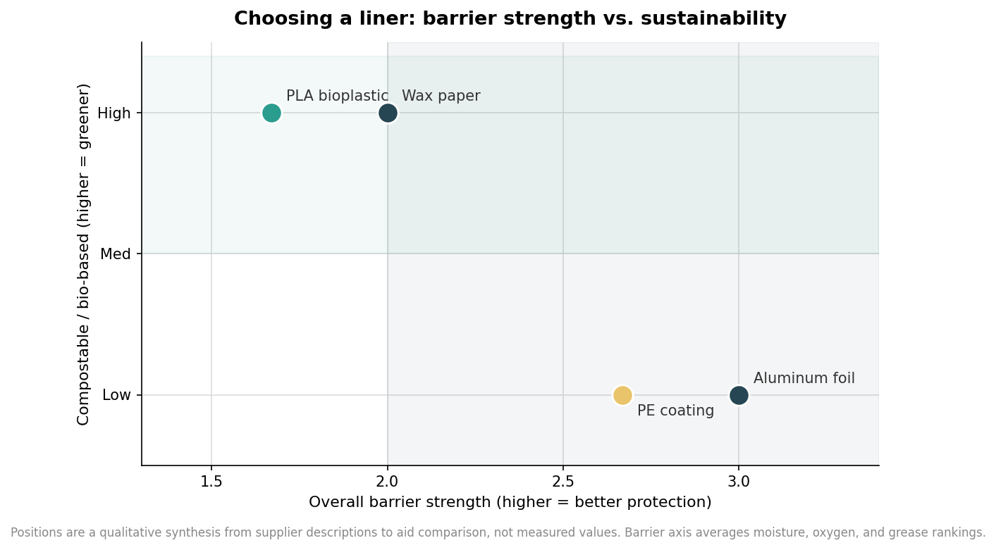 Positioning scatter plotting overall barrier strength against compostability for foil, PE, PLA, and wax paper liners